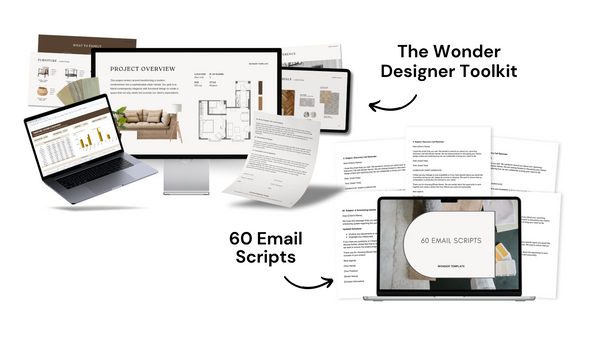 The image shows a digital product bundle including a 'Wonder Designer Toolkit' and '60 Email Scripts'. It features visual representations of documents and electronic files on a laptop and paper sheets.
